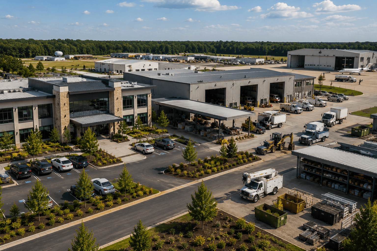 Enterprise operations campus with service vehicles, warehouses, and aircraft