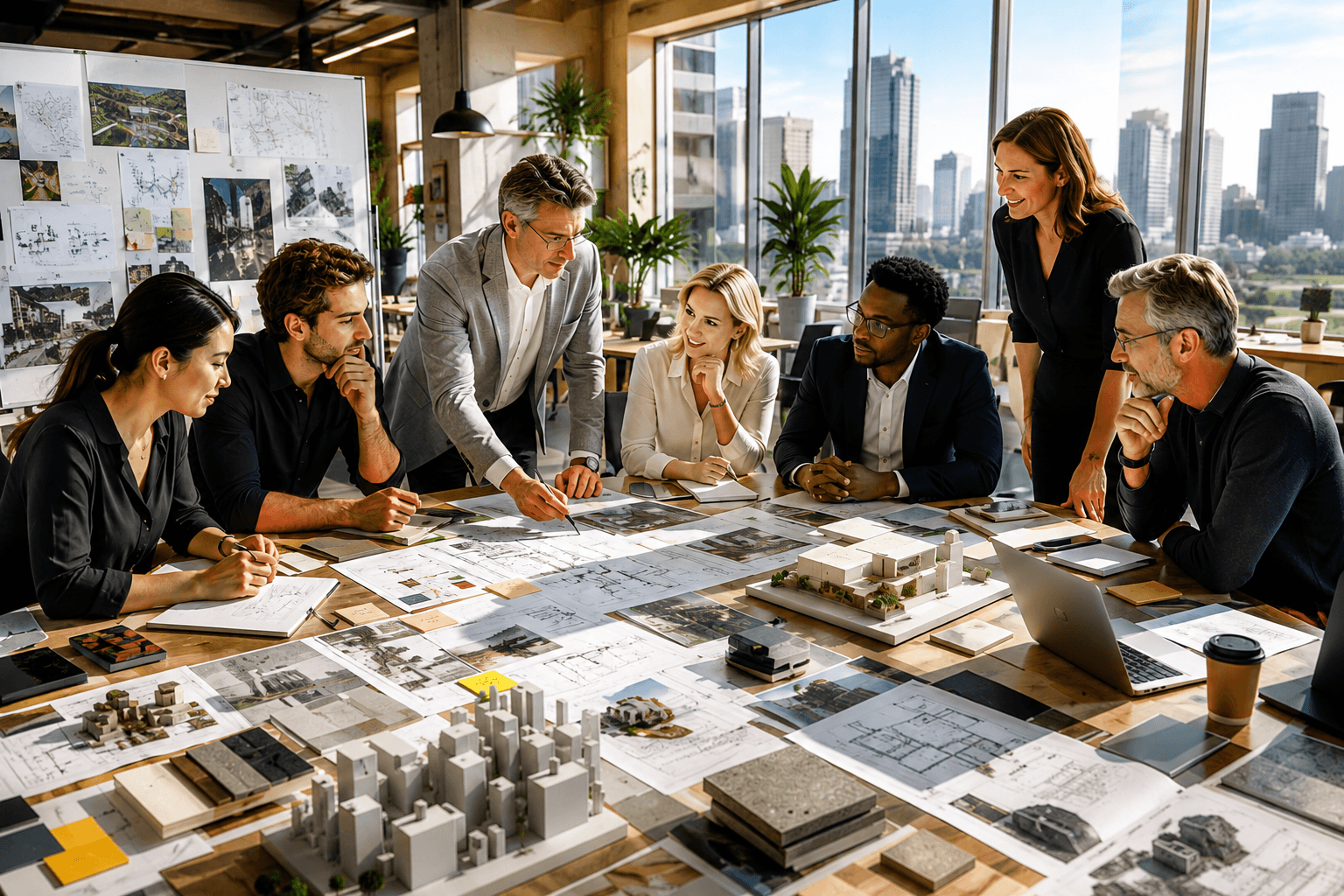 Enterprise development team reviewing architectural plans and models