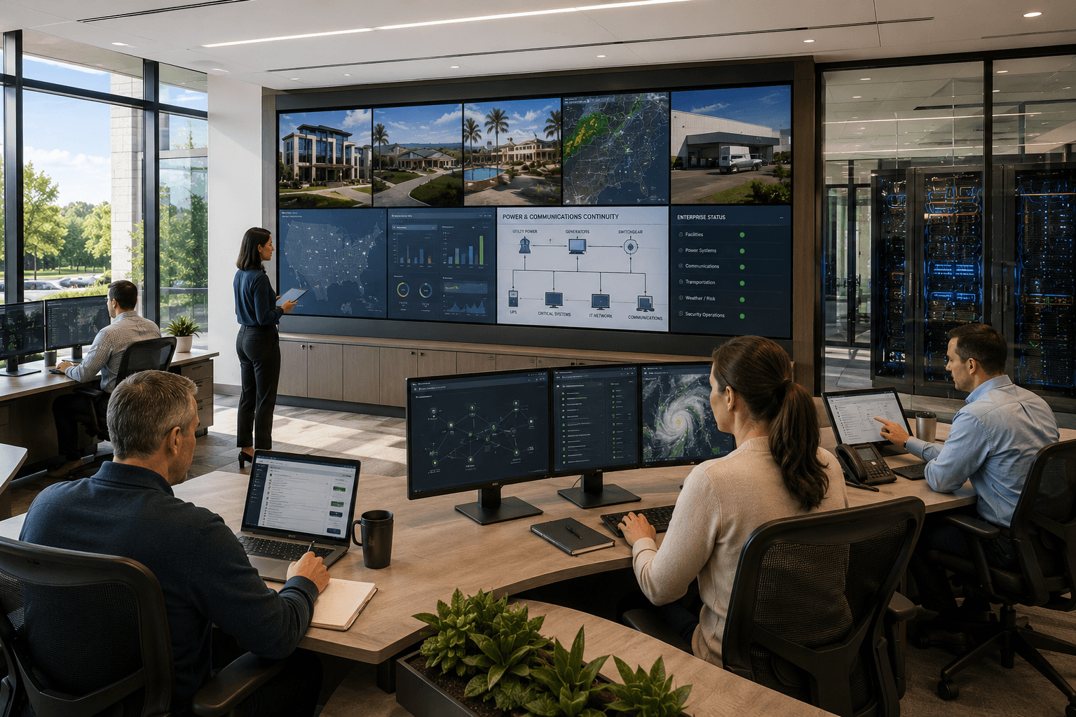 Operations team monitoring security, weather, and business continuity systems