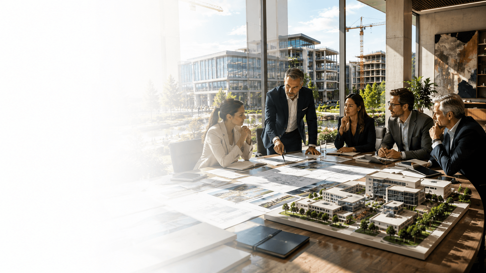 Modern corporate headquarters with executives and business operations
