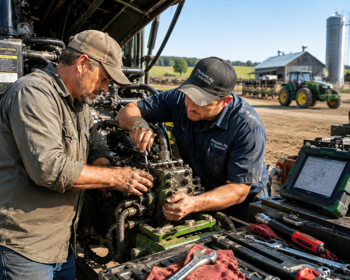 Agricultural technicians repairing farm equipment at a working ranch