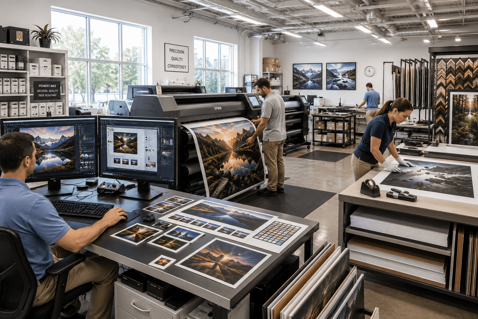 Imaging professionals producing and finishing large-format photographic prints