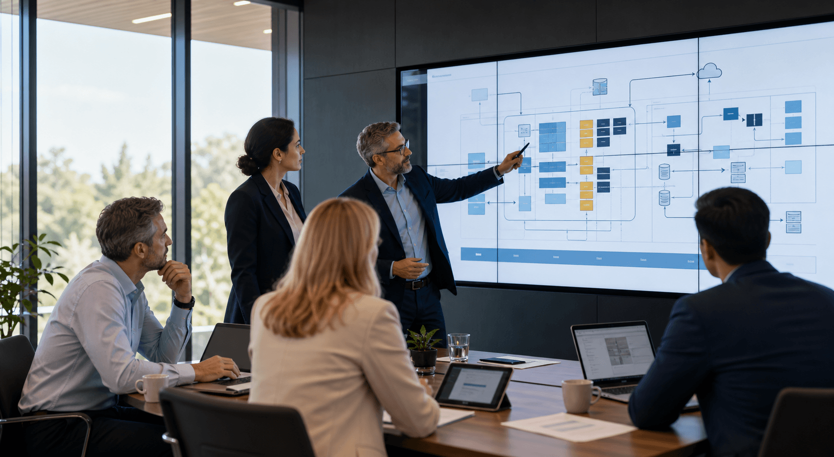 Business leaders using technology to connect enterprise systems