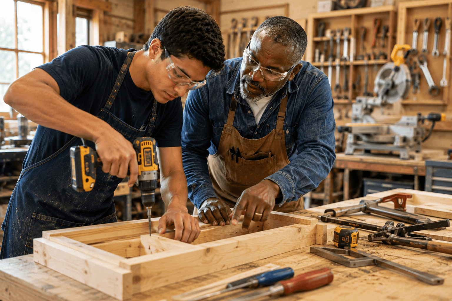 Skilled mentor teaching a young person practical woodworking skills