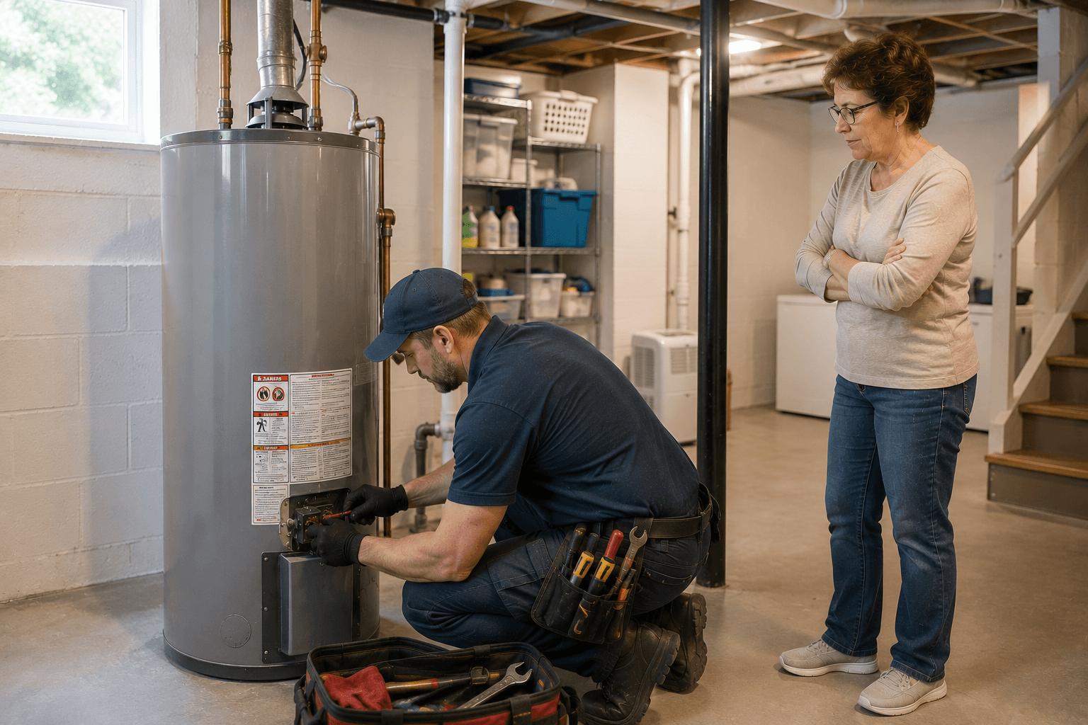 Home repair professional restoring a water heater for a homeowner