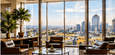 Business leaders meeting in a high-rise conference room