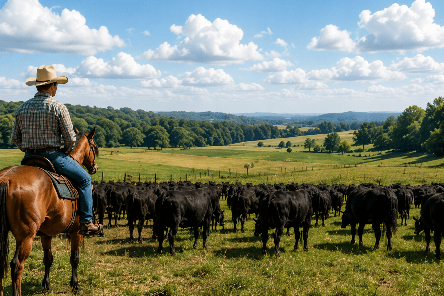 Rancher on horseback watching cattle in open pasture