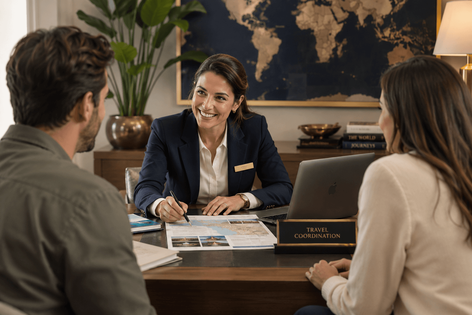 Travel coordinator reviewing an itinerary with two guests