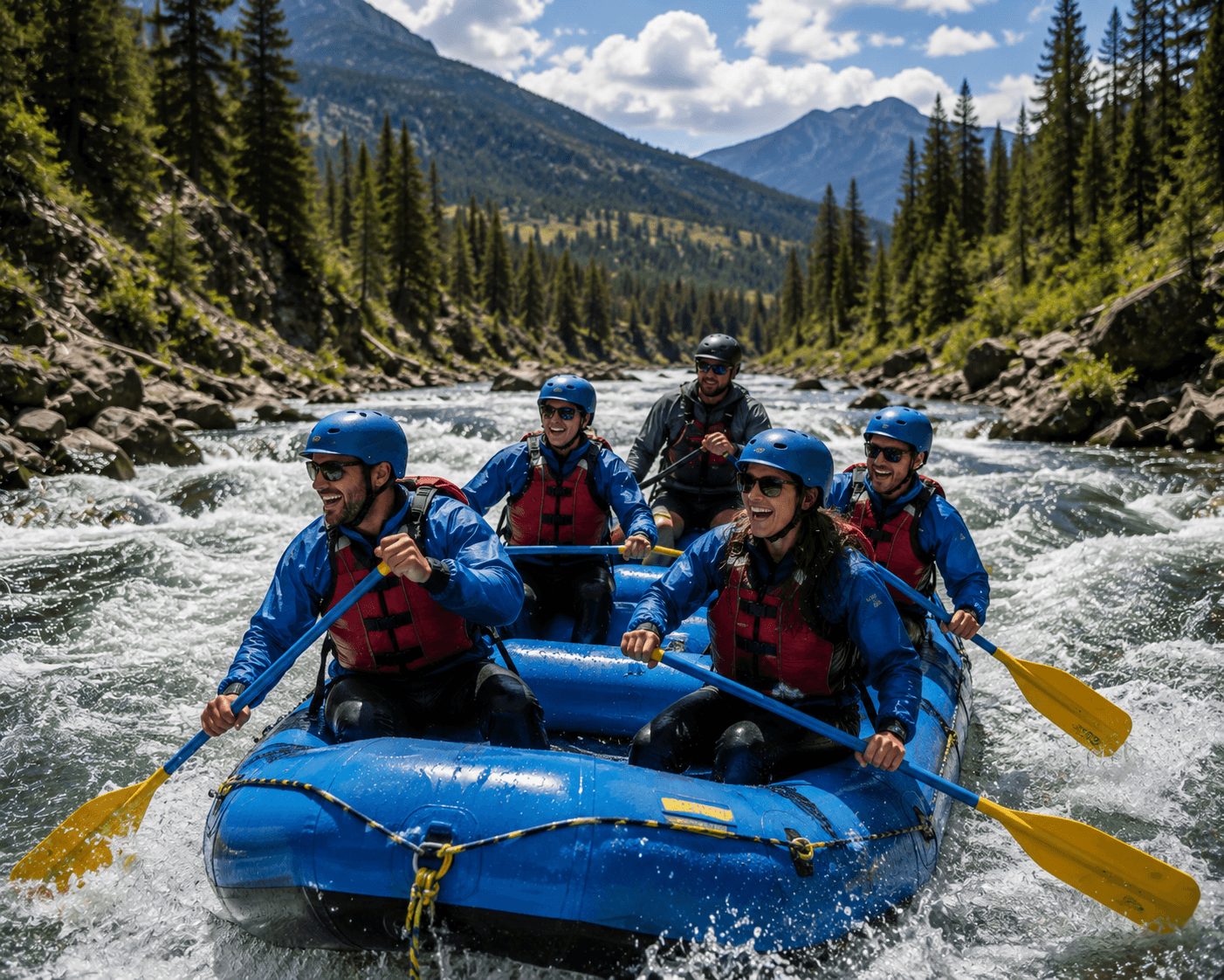 Group navigating mountain river rapids in a raft