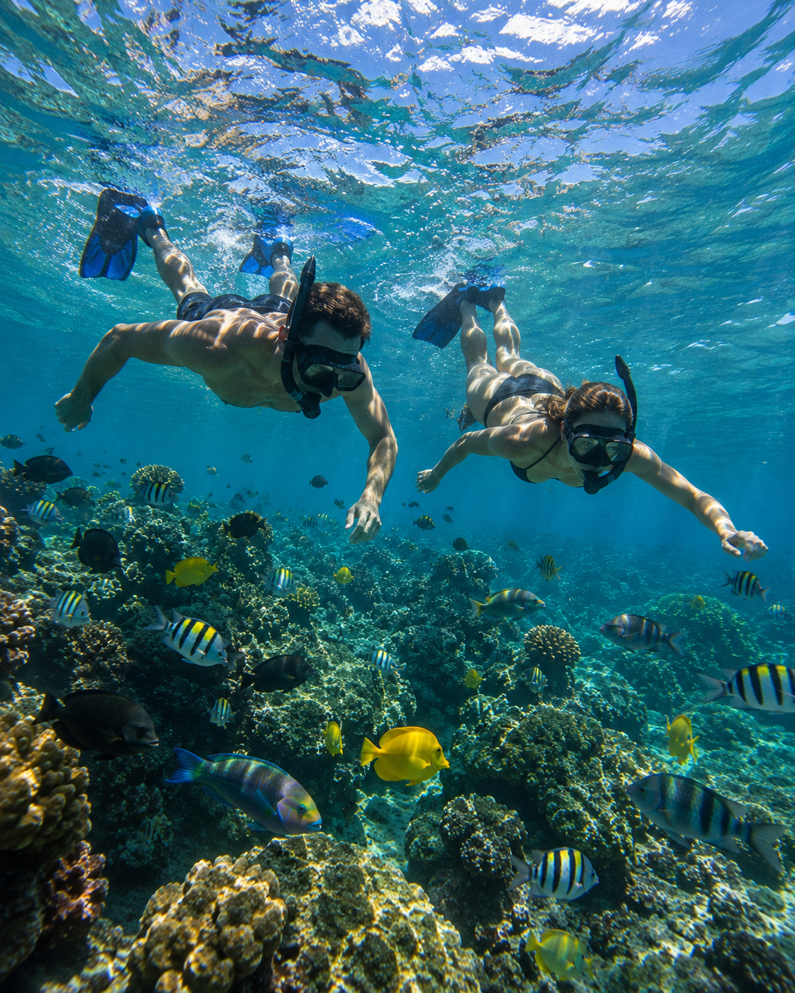 Two snorkelers swimming above a colorful coral reef