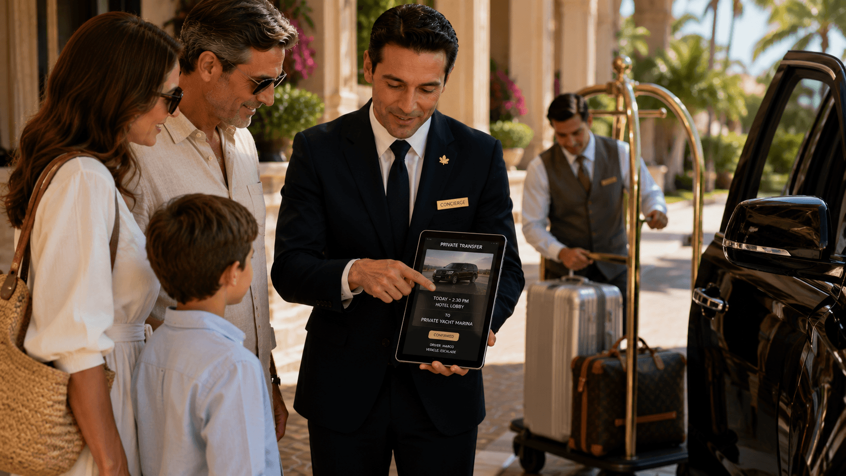 Concierge showing activity options to a family