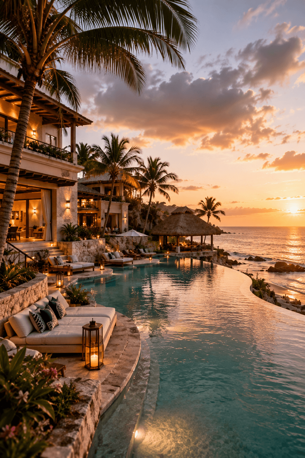 Luxury resort with palm trees and welcoming guest spaces