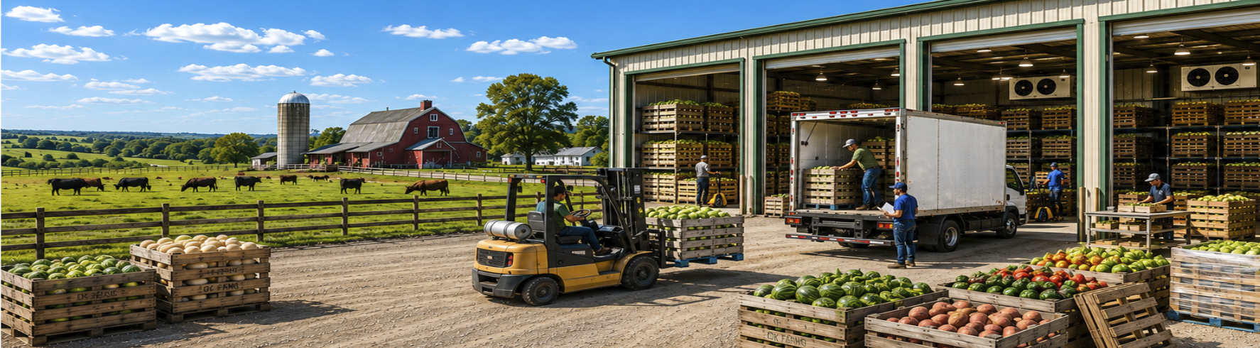 Produce distribution operation beside a working farm and ranch